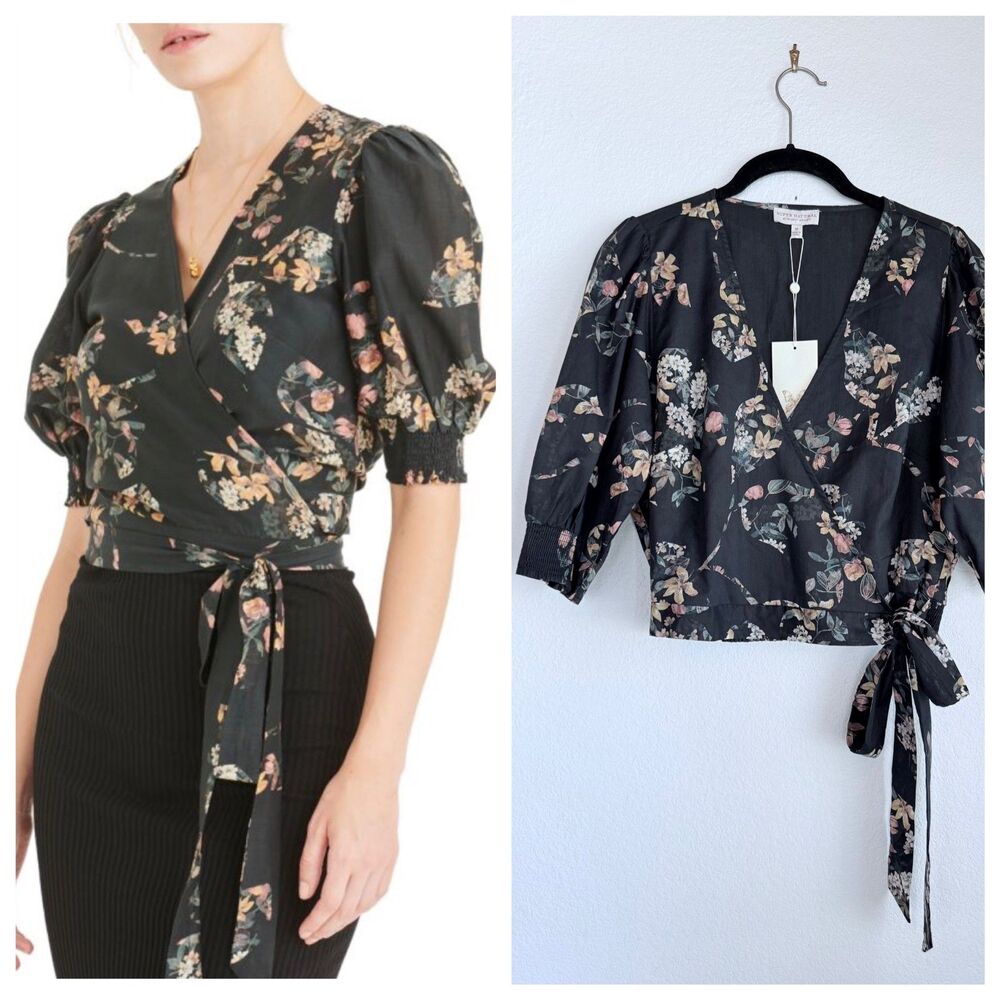 NWT Secret Mission Cape Town Bleeker Wrap Top in Black Mix Floral Size M